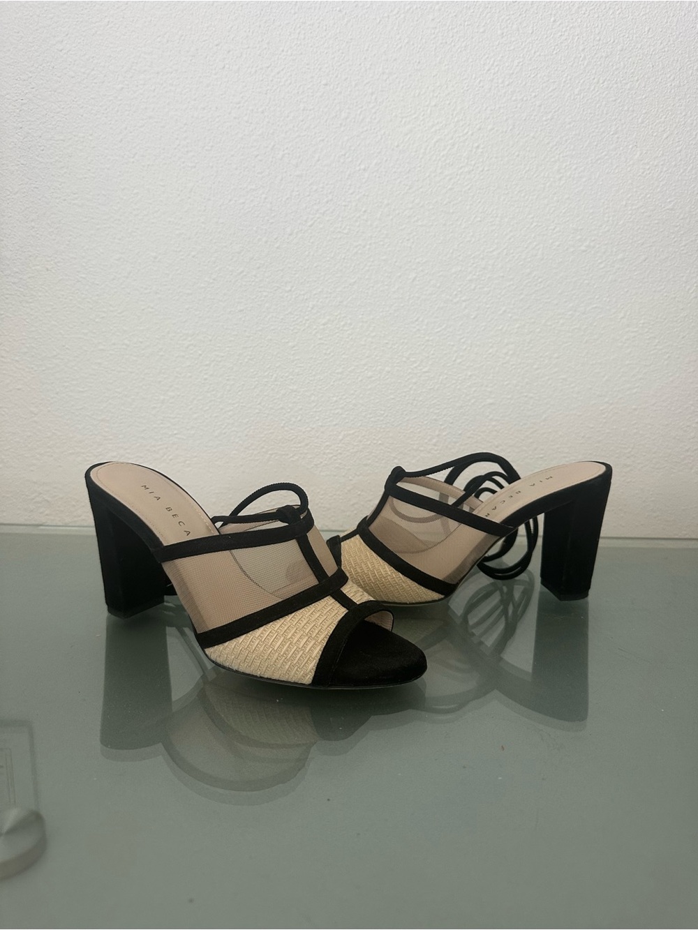 Mia Becar Black and Natural Raffia Strappy Block Heel Sandals